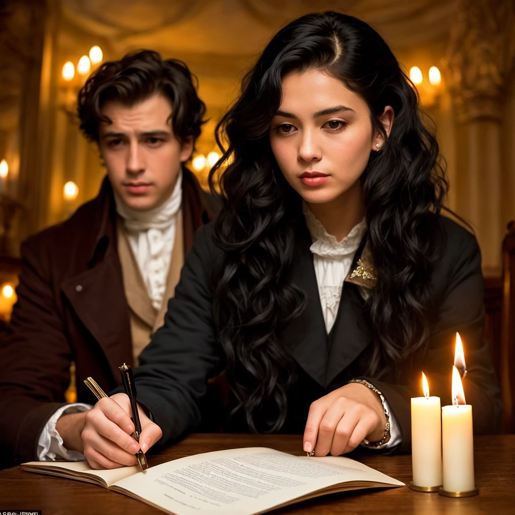 I want a woman with black wavy hair with lots of candles around with the dark room writing with a bird feather and an old Regency era paper