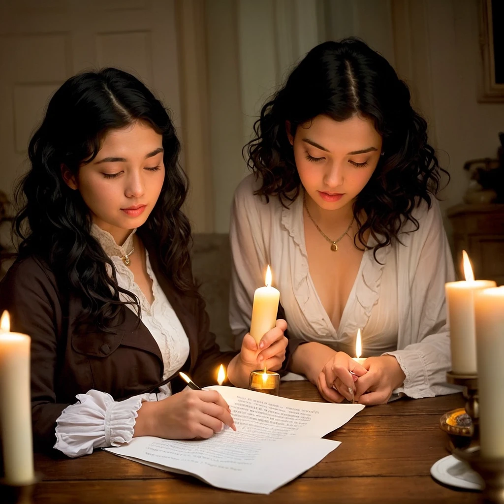 I want a woman with black wavy hair with lots of candles around with the dark room writing with a bird feather and an old Regency era paper