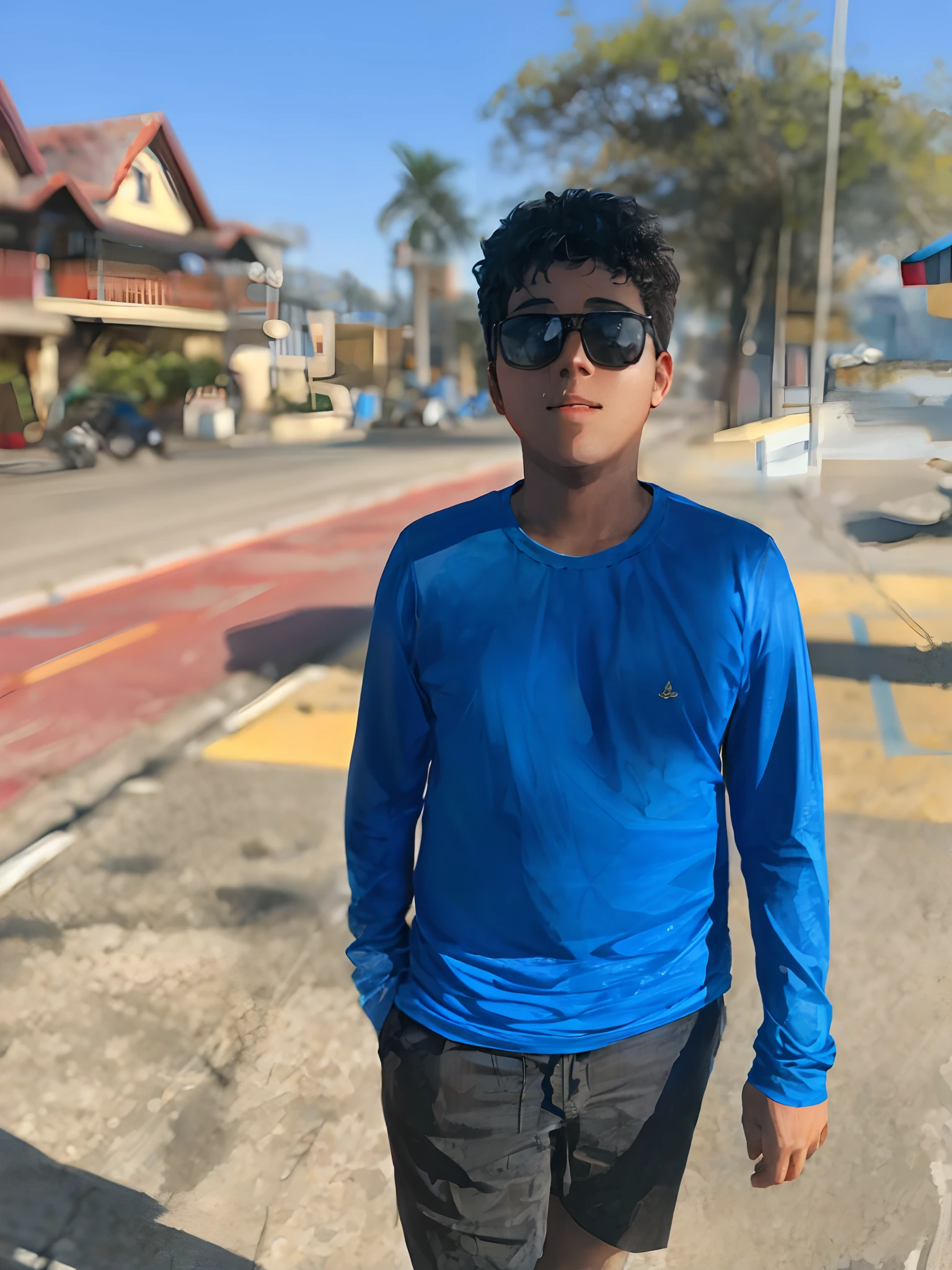 Arafed boy in sunglasses standing on the side of the road, cabrito, lindo dia ensolarado, em um dia ensolarado, dia ensolarado brilhante, tempo ensolarado, dia ensolarado, wearing blue sunglasses, em tempo ensolarado, com montanhas ao fundo, Nivanh Chanthara, sol da tarde, standing near the beach, full morning sun, Directed by: Samuel Silva, imagem do avatar