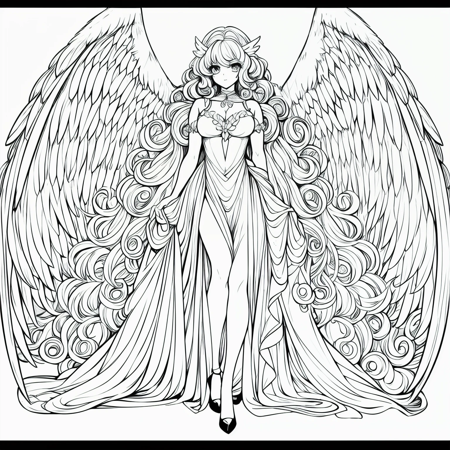 Anime drawing of a woman angel with curly hair and big wings with a sexy dress full body in black and white