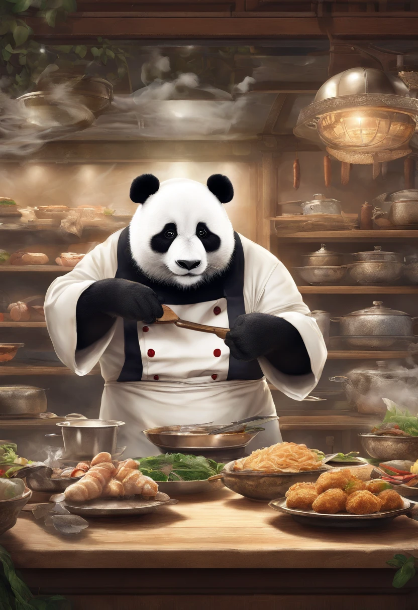 真实感, Realism, In the style of the stars of the Xing Xing art group, realisti, but romantic, Panda Main Characters, Realistic hyper-detail, Jean-Baptiste Monge's painting of a giant, Fluffy Lady, Capture a touching moment, When a giant fluffy panda stands in a chef costume in an apron,, With a chef's hat near a huge food bar in a restaurant., Crowded restaurant, Old Vintage BD Restaurant, People look at him, Savoring a plate of chops, Fried Chicken, and a glass of ice cutie. A panda's face should glow with pure happiness and wonder, with a smile, It doesn't matter, that it's the first time, to try these favorite chops, 4k, vivid lighting, 真实感, Smoke effect, There's a strong smell in the air, The kitchen is lit in the background,