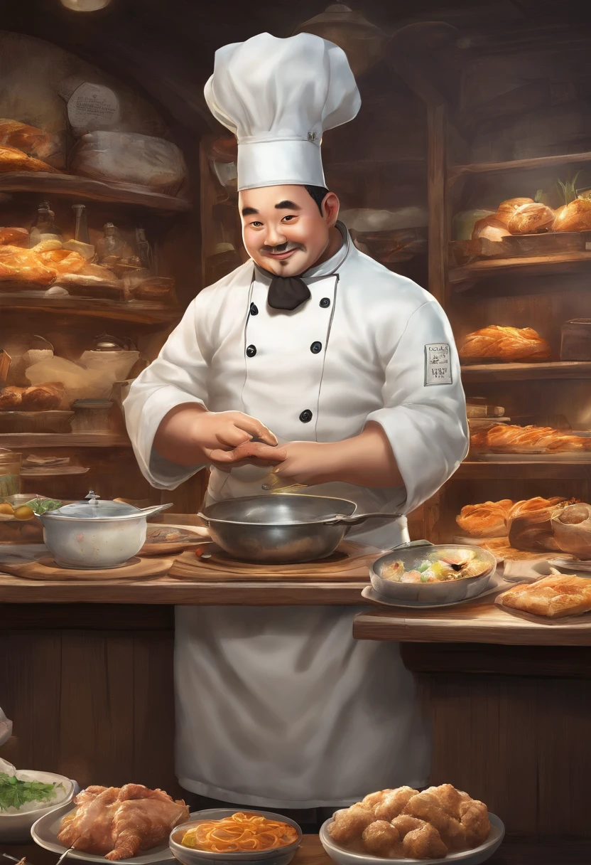 真实感, Realism,  In the style of the stars of the Xing Xing art group, realisti, but romantic, Panda Main Characters, Realistic hyper-detail,  Jean-Baptiste Monge's painting of a giant, Fluffy Lady,   Capture a touching moment, When a giant fluffy panda stands in a chef costume in an apron,, With a chef's hat near a huge food bar in a restaurant., Crowded restaurant, Old Vintage BD Restaurant, People look at him, Savoring a plate of chops, Fried Chicken, and a glass of ice cutie. A panda's face should glow with pure happiness and wonder, with a smile, It doesn't matter, that it's the first time, to try these favorite chops, 4k, vivid lighting, 真实感, Smoke effect, There's a strong smell in the air, The kitchen is lit in the background,