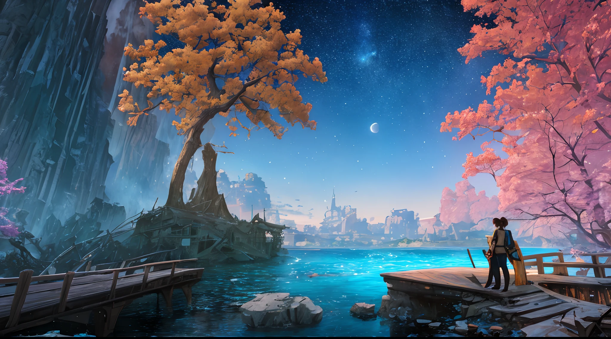 Masterpiece, ultra high detail, 8k resolution, ConceptArt, scenery, water, sky, night, tree, stars, galaxy, moon, waterfall, outdoors, ruined building, nature, river, 1 woman, brunette, ponytail, trousers, an explorer with companion, bonfire, tent