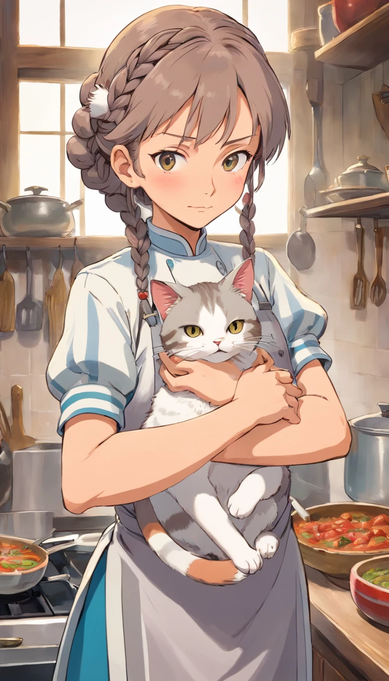 Middle-aged woman with a braided hair, fierce expression, dressed in cooking clothes, holding a gray-and-white striped cat in her arms