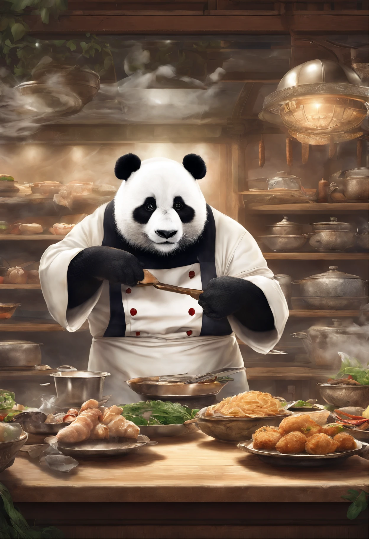 真实感, Realism, In the style of the stars of the Xing Xing art group, realisti, but romantic, Panda Main Characters, Realistic hyper-detail, Jean-Baptiste Monge's painting of a giant, Fluffy Lady, Capture a touching moment, When a giant fluffy panda stands in a chef costume in an apron,, With a chef's hat near a huge food bar in a restaurant., Crowded restaurant, Old Vintage BD Restaurant, People look at him, Savoring a plate of chops, Fried Chicken, and a glass of ice cutie. A panda's face should glow with pure happiness and wonder, with a smile, It doesn't matter, that it's the first time, to try these favorite chops, 4k, vivid lighting, 真实感, Smoke effect, There's a strong smell in the air, The kitchen is lit in the background,