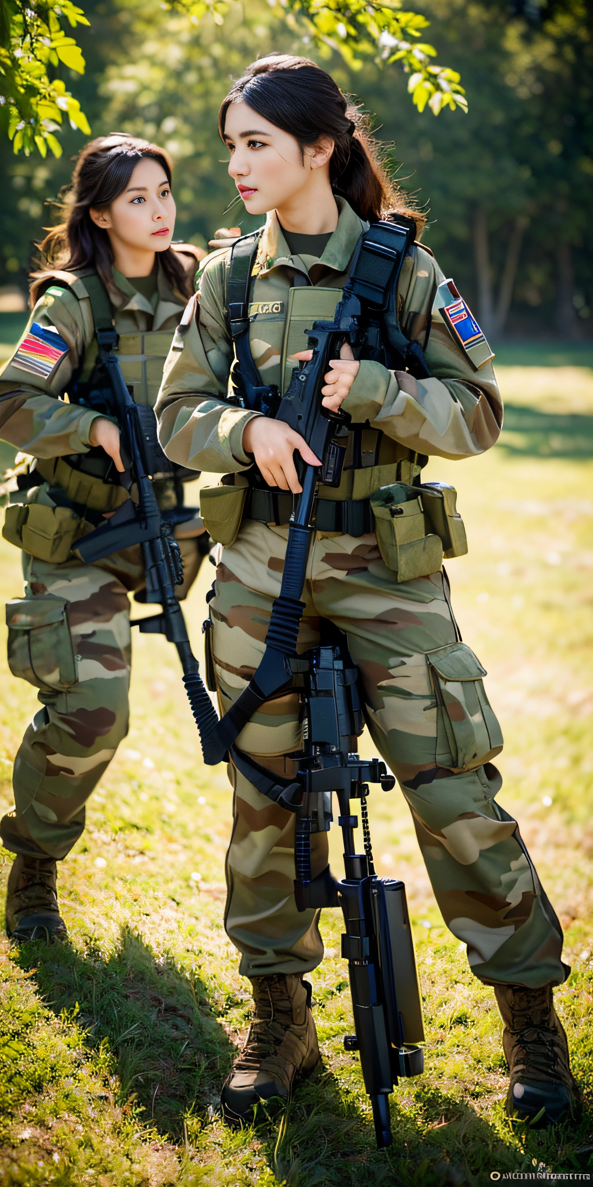 (best quality,4k,highres,masterpiece:1.2),ultra-detailed,(realistic,photo-realistic:1.37),HDR,UHD,studio lighting,ultra-fine painting,sharp focus,physically-based rendering,extreme detail description,professional,vivid colors,bokeh,two beautiful girls who are soldiers,camouflage,combat gear,field training,break,French kiss and caress their crotches through their uniforms