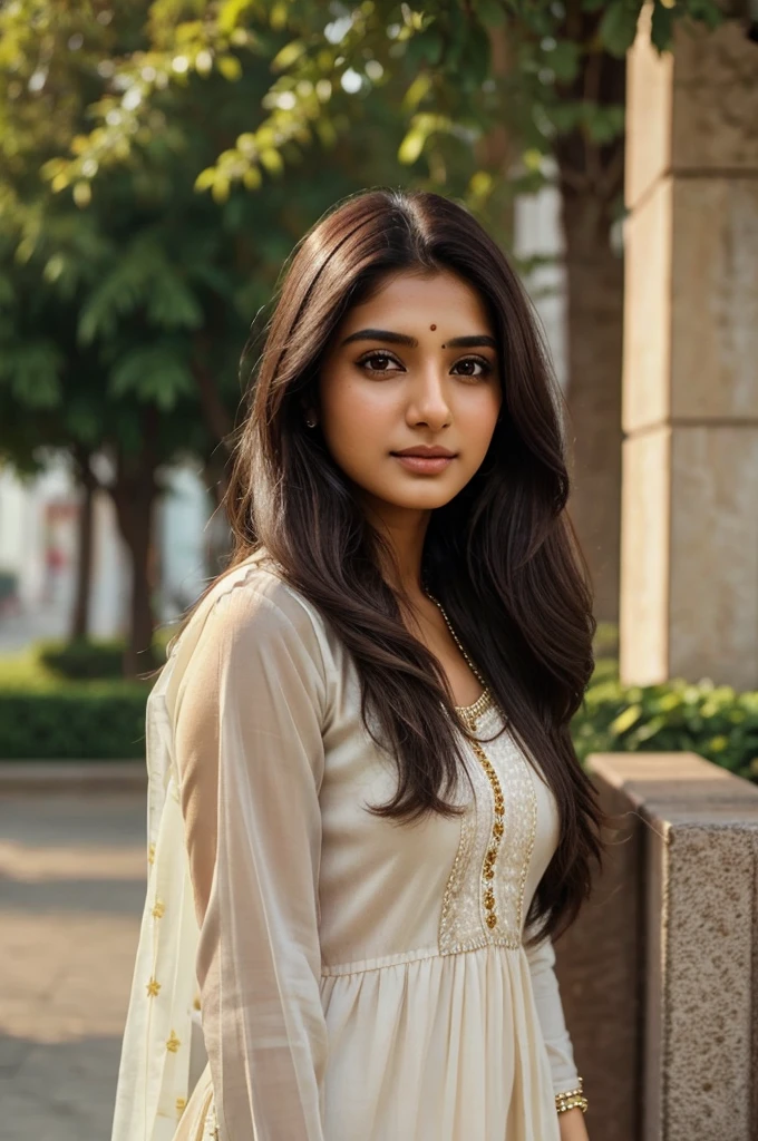 Beautiful ,23 years young girl,confident looking,8k,realistic,dark brown hair,fair skin, indian,long hair,clear facial features, wearing dupatta and kurti, in instagram poses, public places