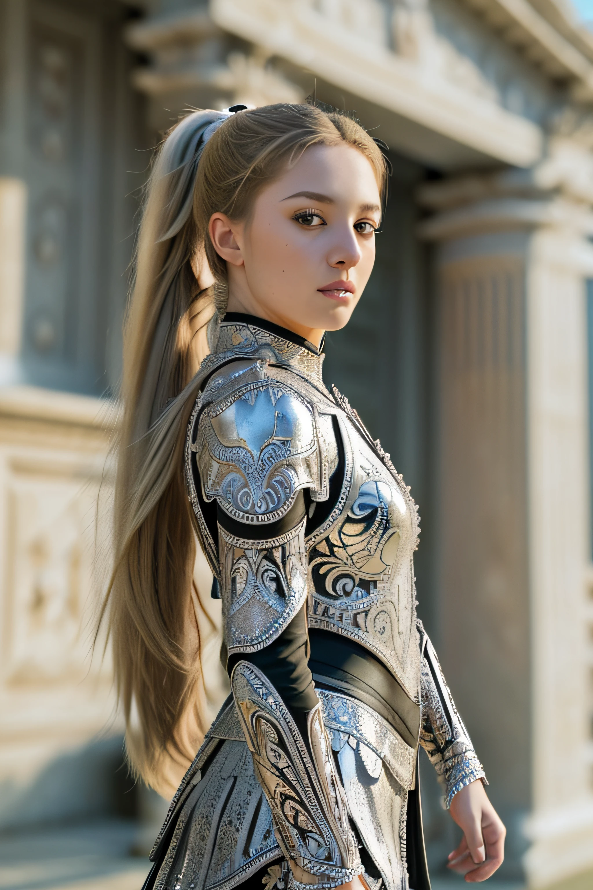 (8K, best quality:1.2), (masterpiece:1.37), (photo, photorealistic:1.37), (ultrahigh-res), full body, walking pose, shot from front, slow motion, female paladin wearing the full body, (light silver armour:1.2),(ornately decorated armor), (insanely detailed, bloom:1.5), (highest quality, Alessandro Casagrande, Greg Rutkowski, Sally Mann, concept art, 4k), (analog:1.2), (high sharpness), (detailed pupils:1.1), detailed face and eyes, Masterpiece, best quality, (highly detailed photo:1.1), (long blonde Hair, ponytail,ecstatic:1.1), (young woman:1.1), sharp, (perfect body:1.1), realistic, real shadow, 3d, (temple background:1.2), (by Michelangelo), photographed by Canan EOS R6, 135mm, 1/1250s, f/2.8, ISO 400