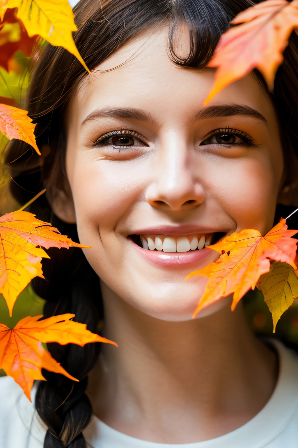 (Outer space background), gros-plan, Beautiful woman with thumb art style, In the park of orange leaves , By Jeremy Mann, By Sandra Chevrier, Dave McKean、by Richard Avedon、by maciej kuciara, White tank top and jeans, detaileds, 8K、With smiling eyes、Curly hair in braids、((Close-up of face only))
