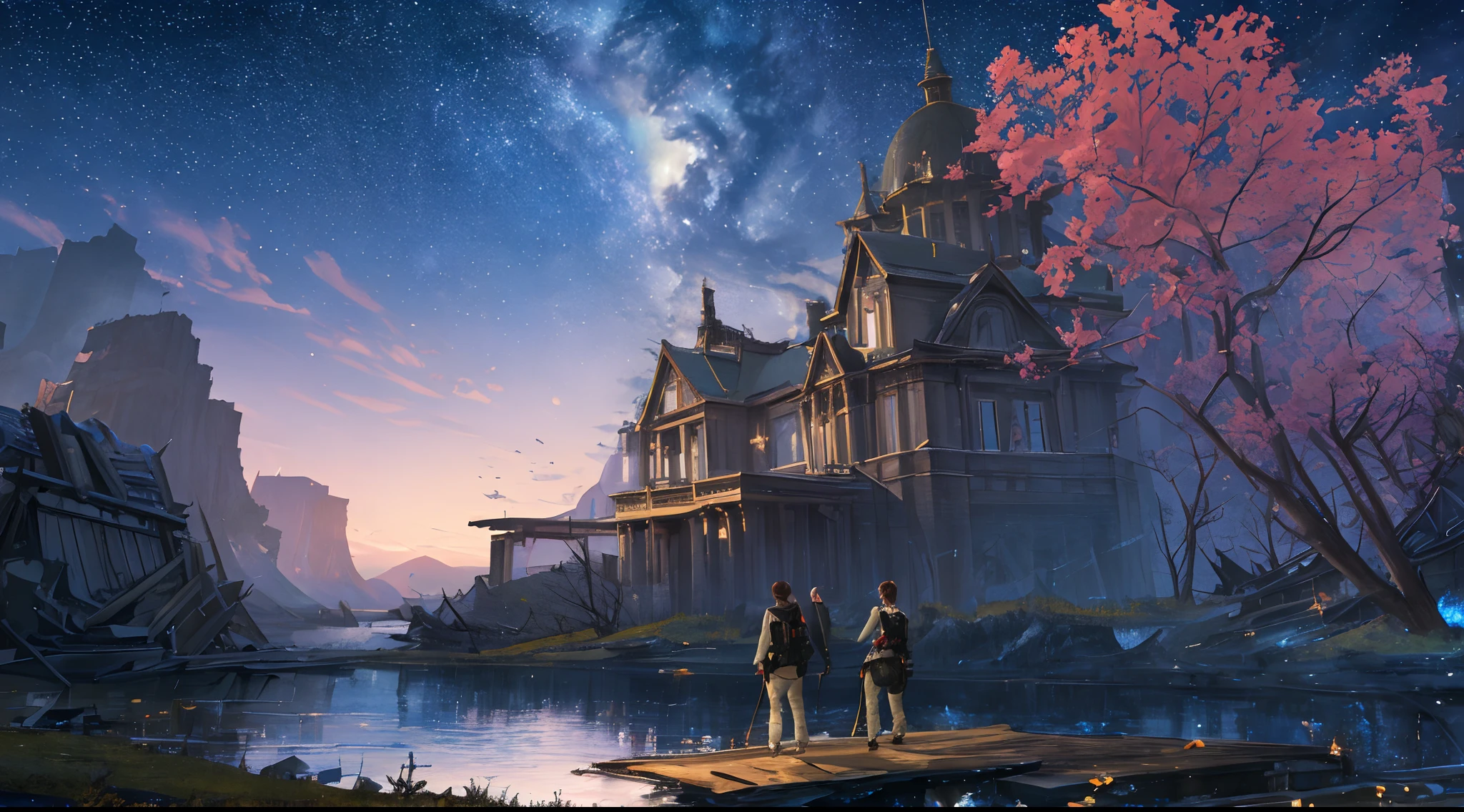 Masterpiece, high detail, 8k resolution, ConceptArt, scenery, water, sky, night, tree, stars, galaxy, moon, waterfall, outdoors, ruined building, nature, river, 1 woman, brunette, ponytail, trousers, a wanderer with companion, bonfire, tent