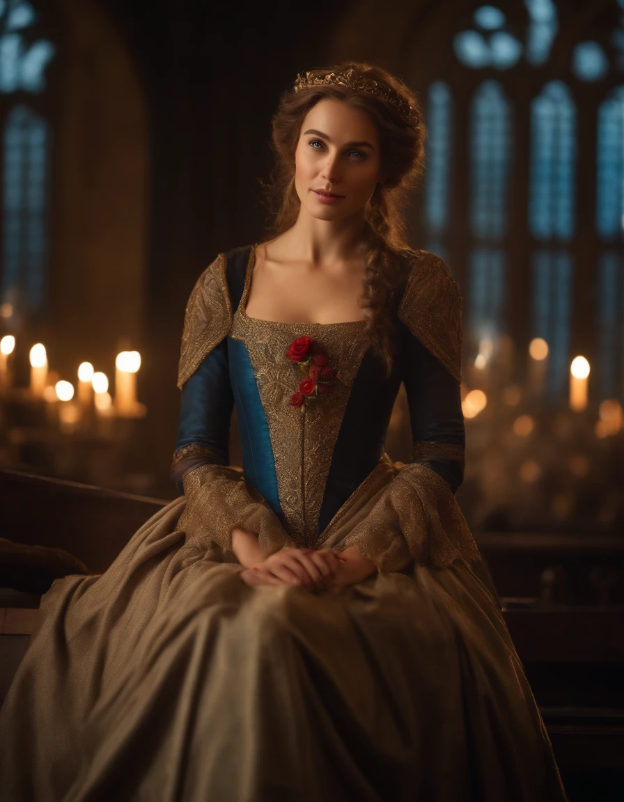 Cinematic portrait, ((medium body)), facing the audience, (Reality :1.3), the world's most beautiful artwork photo, a young woman like Brook Shields smiling looking into the camera, European medieval court blue and gold dress, gorgeous, soft gauze, detailed beautiful face, light brown haired girl, with red rose hairpin on the side , action shooting, (intricate :1.4), medieval court background, Photo realistic, CG, art station