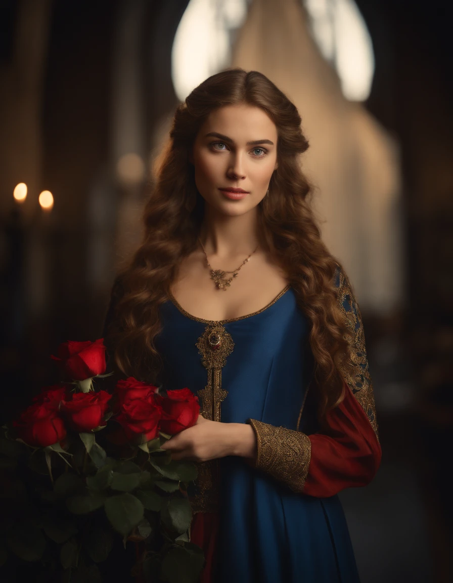 Cinematic portrait, ((medium body)), facing the audience, (Reality :1.3), the world's most beautiful artwork photo, a young woman like Brook Shields smiling looking into the camera, European medieval court blue and gold dress, gorgeous, soft gauze, detailed beautiful face, light brown haired girl, with red rose hairpin on the side , action shooting, (intricate :1.4), medieval court background, Photo realistic, CG, art station