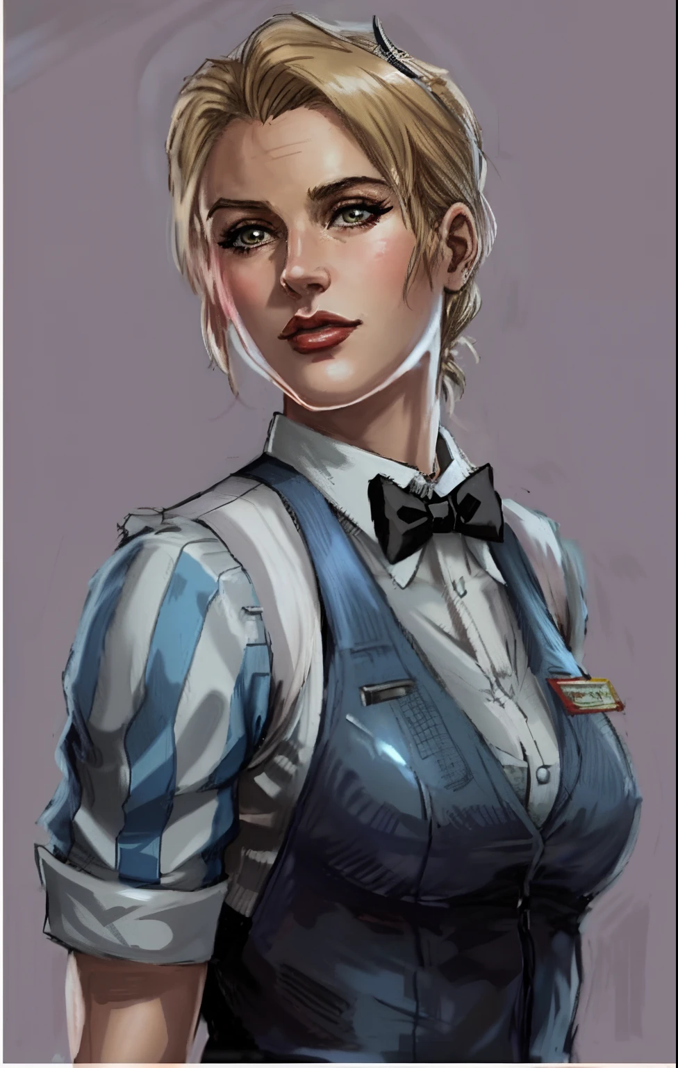 a close up of a woman in a vest and bow tie, as a character in tekken, supermodel in silent hill, looking like annie leonhart, glamorous jill valentine, female lead character, betty cooper, female character, sil from species, ( waitress ) girl, annie leonhart, video game character, as a character from gtav, wearing rr diner uniform as 90s 2d anime ART style