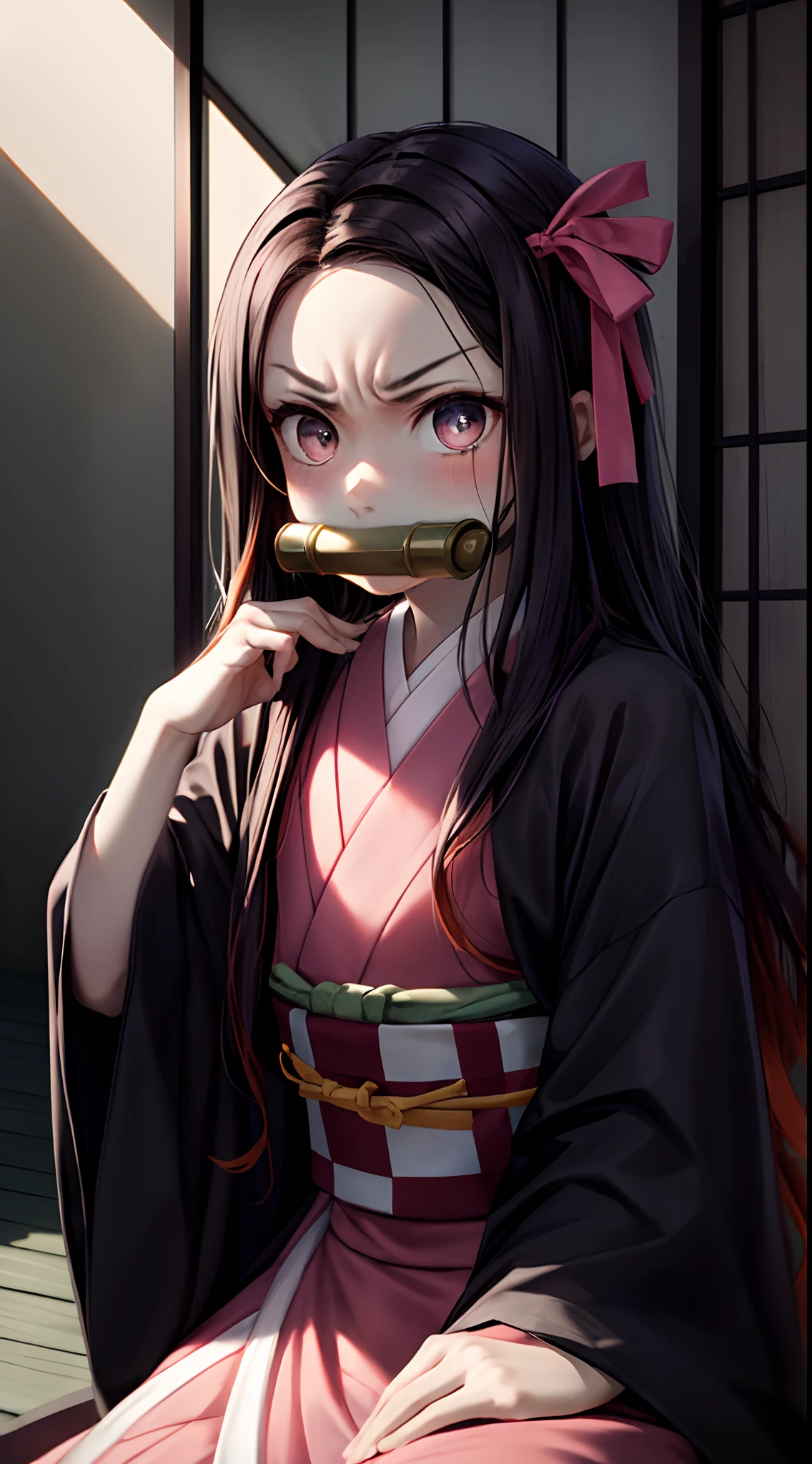 Masterpiece, Best Quality, High Resolution, venus1, 1girl, solo, Tsuko Kamato, Bamboo, bit gag, brown hair, checkered belt, gag, gradient hair, hair ribbon, haori, japanese clothes, kimono, long hair, looking at the audience, colorful hair, orange hair, pink eyes, pink kimono, pink ribbon, ribbon, solo, upper body, (((masterpiece)), frontal, sitting, cute, puffed cheeks, angry, wide eyes