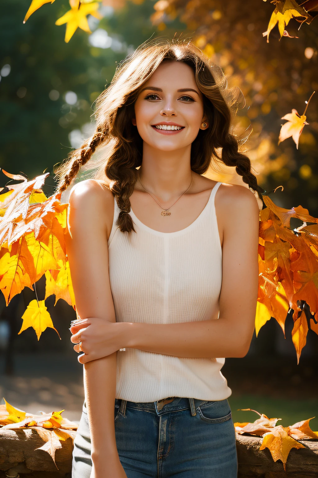 gros-plan, Beautiful woman in thumb art style, In the park of orange leaves , By Jeremy Mann, By Sandra Chevrier, Dave McKean、by Richard Avedon、by maciej kuciara, White tank top and jeans, detaileds, 8K、With smiling eyes、Curly hair in braids、
