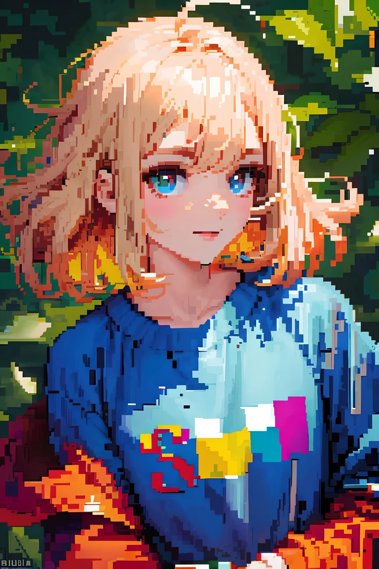 ((In the style of pixel art)), pixel, 4 bit pixel art, 1girl, primer plano, solo cara, Cabello beige, cabello rubio, ojos verdes, sonrisa, gargantilla, Sudadera con capucha suelta, Estampado de sudadera con capucha, Sudadera con capucha negra, Ahoge de pelo grande, Cabello grande, cabello ondulado, Pelo muy largo, Arte oficial de Pixel, absurdo nada, Mirando al espectador, Enfoque en solitario, Dynamic Angle, head bowing, Fondo simple, fondo gris, Ultra detailed pixel art