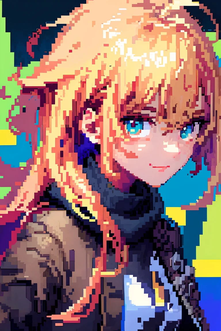 ((In the style of pixel art)), pixel, 4 bit pixel art, 1girl, primer plano, solo cara, Cabello beige, cabello rubio, ojos verdes, sonrisa, gargantilla, Sudadera con capucha suelta, Estampado de sudadera con capucha, Sudadera con capucha negra, Ahoge de pelo grande, Cabello grande, cabello ondulado, Pelo muy largo, Arte oficial de Pixel, absurdo nada, Mirando al espectador, Enfoque en solitario, Dynamic Angle, head bowing, Fondo simple, fondo gris, Ultra detailed pixel art