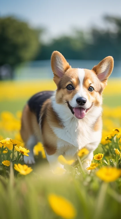 Close-up of a corgi dog at Sunshine Park,clean back ground,depth of fields,Large aperture,photography of,butterflys,Volume Fog,Halo,florals,Dramatic atmosphere,at centre,The Rule of Thirds,200mm 1.4F macro photography