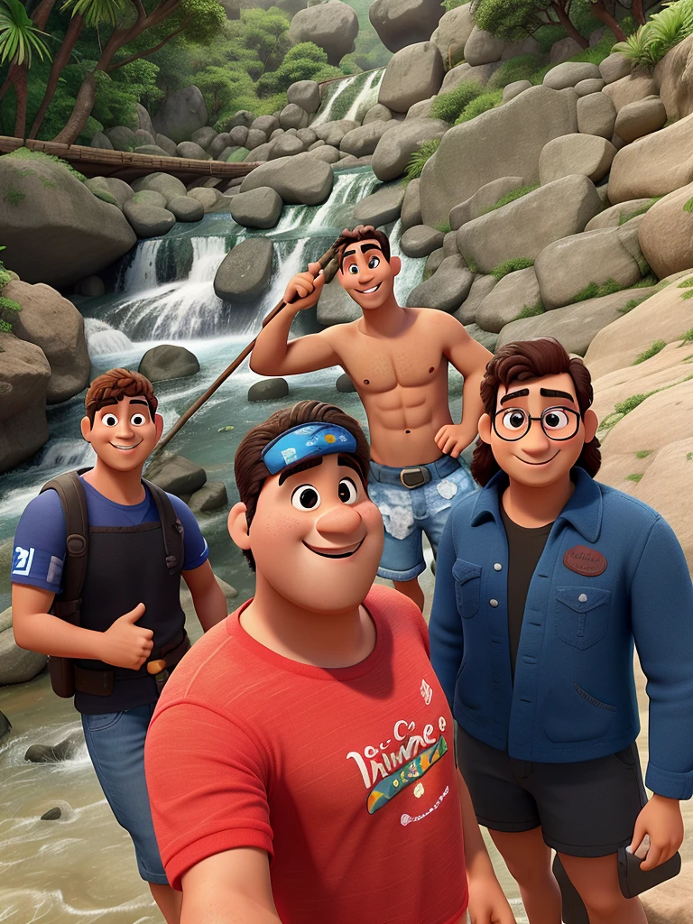Dois homens tirando selfie, em uma cachoeira, cachoeira ao fundo, ambos sem camisa, homens com barba, The man in front is wearing glasses, dentro da cachoeira