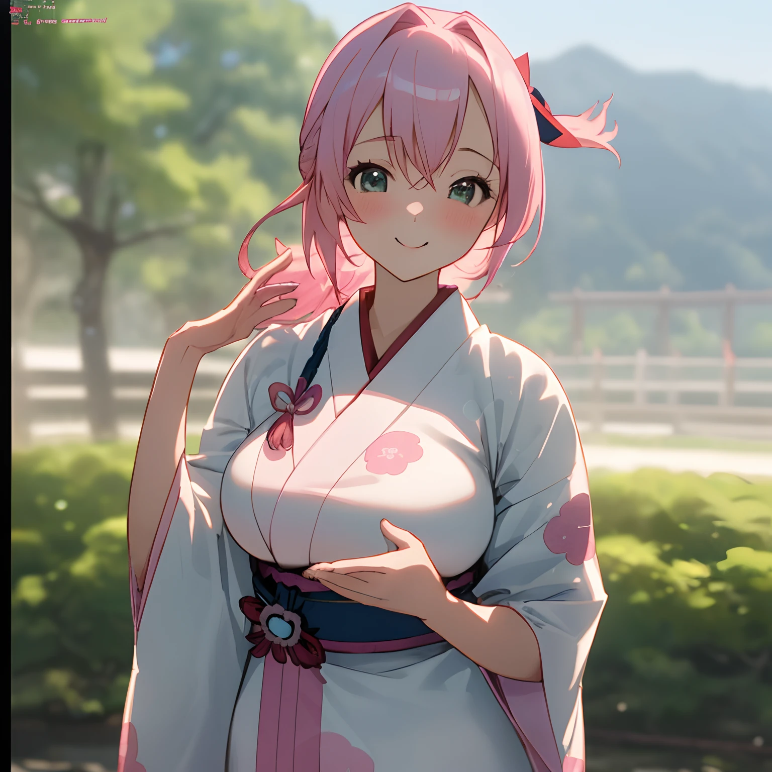 hposing Gravure Idol、A pink-haired、masutepiece, Best Quality, ultra-detailliert, 8K resolution, Raw photo, (1girl in),Large breasts:1.5, gorgeous faces, japanes, Perfect body, 18year old,, Smile,((I'm wearing Ainu clothes))