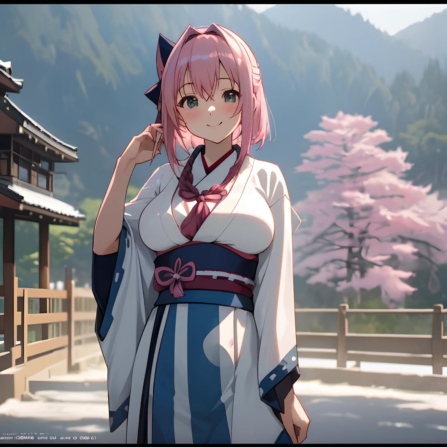 hposing Gravure Idol、A pink-haired、masutepiece, Best Quality, ultra-detailliert, 8K resolution, Raw photo, (1girl in),Large breasts:1.5, gorgeous faces, japanes, Perfect body, 18year old,, Smile,((I'm wearing Ainu clothes))
