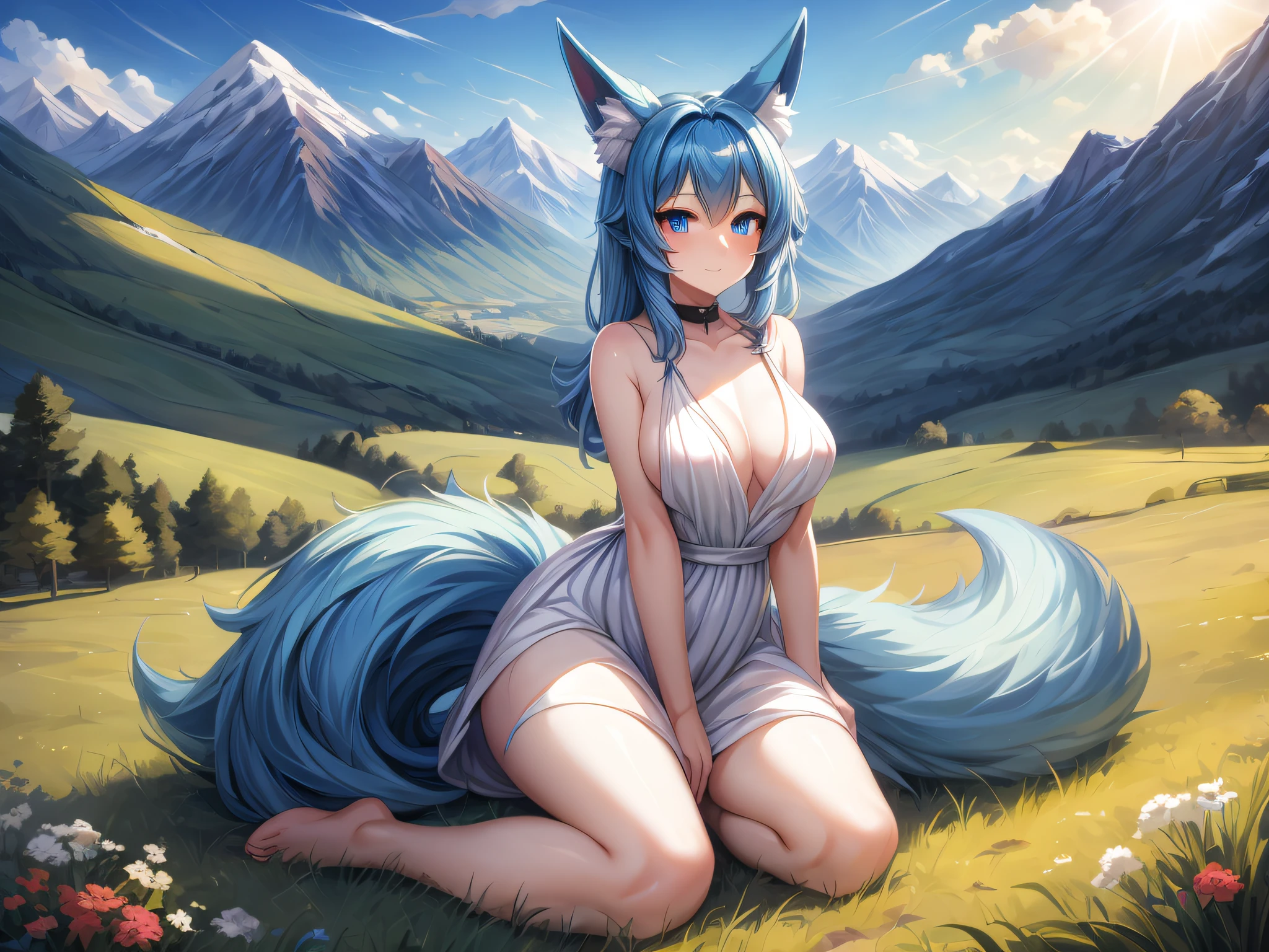 (Masterpiece) (High Detail) (High Res) A short humanoid girl with pale skin and blue eyes and long blue hair and blue dog ears and a big fluffy dog tail with average breasts and thick hips is sat in a field painting onto a canvas. She is wearing a white dress. It is a sunny day and in the distance there is mountains and farmland.