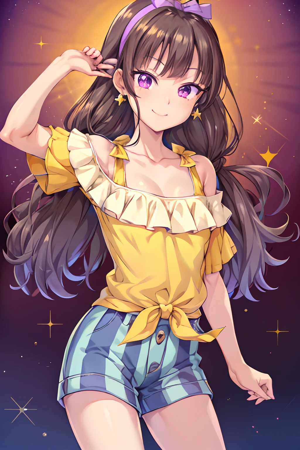 amanogawakist, 1girl, solo, purple hairband, star earrings, yellow shirt, bare shoulders, striped shorts, vertical stripes, smile, star (symbol), looking at viewer, cowboy shot, standing, closed mouth, waving, hand up,