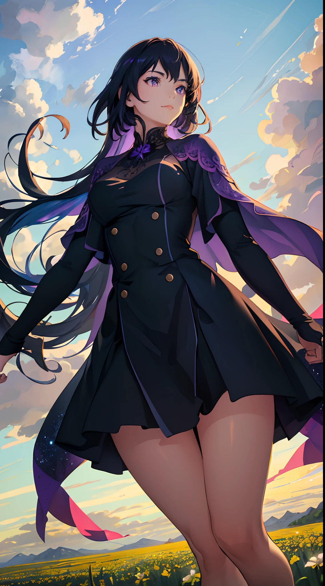 expansive landscape photograph , (a view from below that shows sky above and open field below), a girl standing on flower field looking up, bright sunny day (clouds:1.2), distant mountain, tree BREAK
production art, lot of purple and orange, intricate details, volumetric lighting, realism BREAK
(masterpiece:1.2), detailed shadows, (best quality), 4k, ultra-detailed, (dynamic composition:1.4), highly detailed, colorful details,( iridescent colors:1.2), (glowing lighting, atmospheric lighting), dreamy, magical, (solo:1.2)