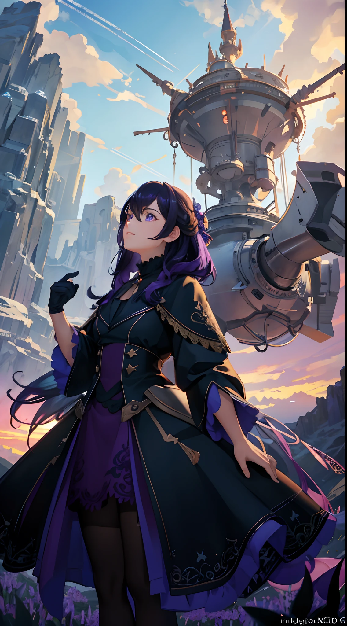 expansive landscape photograph , (a view from below that shows sky above and open field below), a girl standing on flower field looking up, bright sunny day (clouds:1.2), distant mountain, tree BREAK
production art, lot of purple and orange, intricate details, volumetric lighting, realism BREAK
(masterpiece:1.2), detailed shadows, (best quality), 4k, ultra-detailed, (dynamic composition:1.4), highly detailed, colorful details,( iridescent colors:1.2), (glowing lighting, atmospheric lighting), dreamy, magical, (solo:1.2)