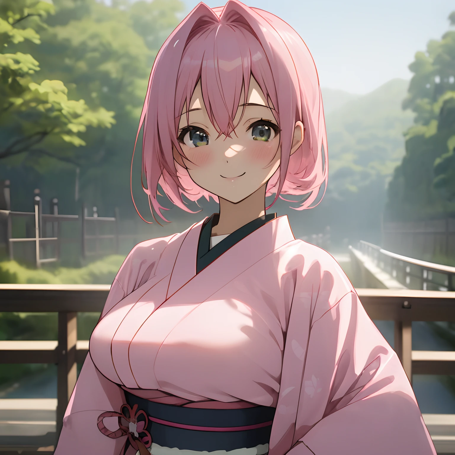hposing Gravure Idol、A pink-haired、masutepiece, Best Quality, ultra-detailliert, 8K resolution, Raw photo, (1girl in),Large breasts:1.5, gorgeous faces, japanes, Perfect body, 18year old,, Smile,(I'm wearing Ainu clothes)