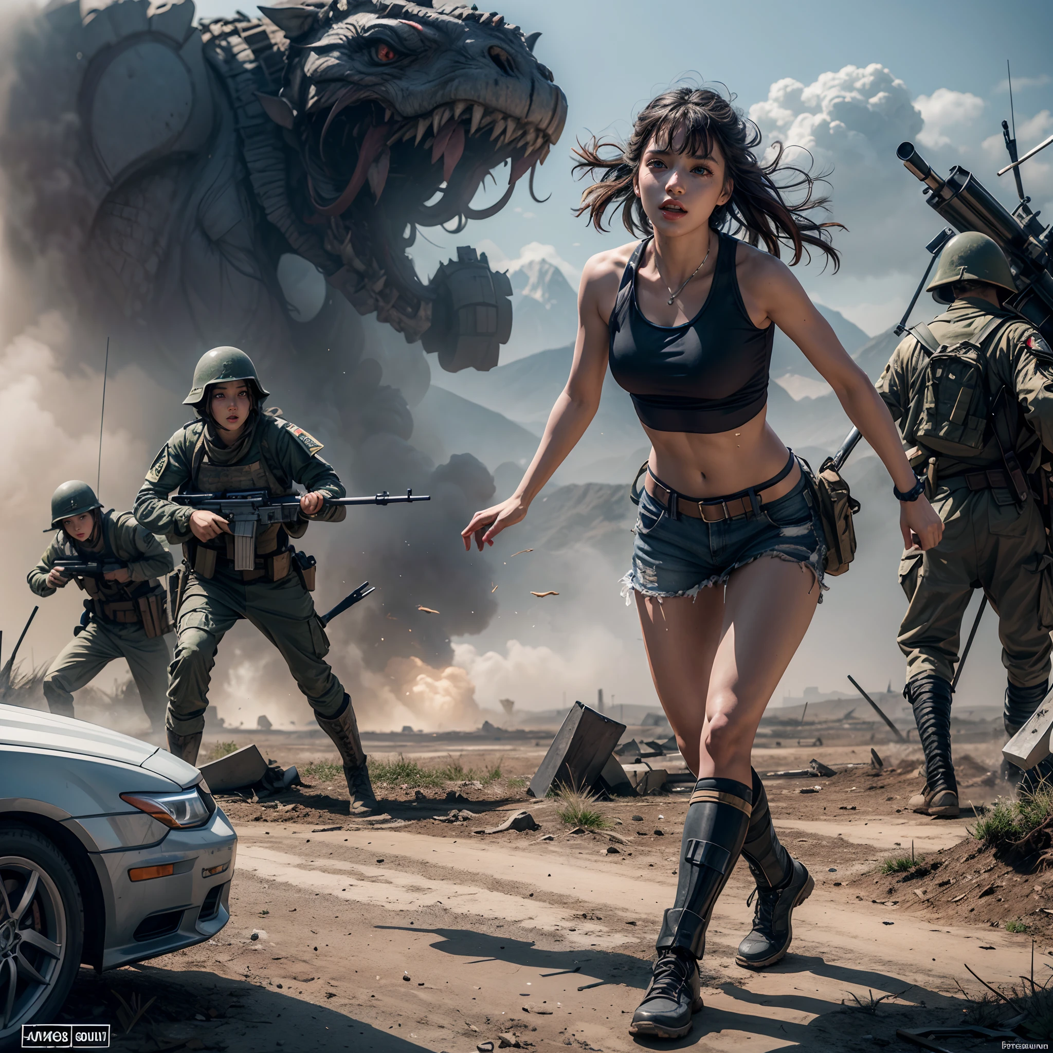 (best quality,4k,high resolution,ultra-detailed,photorealistic:1.37), girls left behind on the battlefield, Whole Body proportions and all limbs are expressed in anatomical precision, torn tanktop, ticker, studio lighting, professional, intense emotions, combat scene, warfare, historical drama, heroic actions, filled with smoke, desolate landscape, unity, courage, conflict, devastated by war.