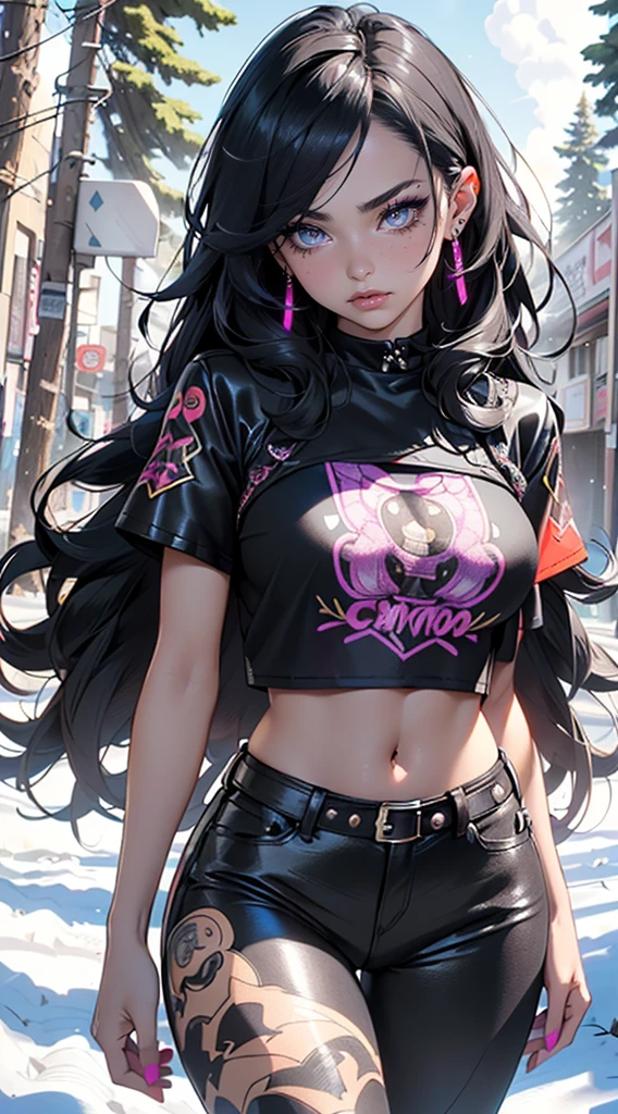 goth girl,1girl,((extremely cute and beautiful black haired anime goth girl)),((())),(large breasts:1.2),((((black wavy hair:1.35,absurdly long unkempt hair,messy hair,colored inner hair,ear breathing)))),((heterochromia:1.5, (purple_eye and red_eye))),intricate eyes,beautiful detailed eyes,symmetrical eyes,Big eyes:1.5,((fat)),(((lustrous skin:1.5,bright skin: 1.5,skin tanned,shiny skin,very shiny skin,shiny body,plastic glitter skin,exaggerated shiny skin,illuminated skin))),(spider lower abdomen,narrow waist,wide hip,athletic body,inflated legs,detailed body,(detailed face)),
cute,slutty,seductive,erotic,(nsfw),
revealing clothing,show skin,((((printed T-shirt:1.3),black leather crop jacket:1.3))),((black leather pants,)),((underpants strap)),((underboob:1.2)),(((Black Eyeshadow,Thick Black Eyeliner,Long Dramatic Eyelashes,Black Lips,Goth Accessories,intricate makeup))),(((intricate outfit,intricate clothes,embroidered outfit,ornate outfit,embroidered clothes,ornate clothes))),
(dynamic pose:1.0),embarrassed,(centered,scale to fit dimensions,Rule of thirds),
((snowy pine forest at night)), with dark stormy clouds,winter,scenery:1.25,((snow forest background)),Christmas tree,
highres,sharp focus,(ultra detailed,extremely detailed),(photorealistic artwork:1.37),(extremely detailed CG unity 8k wallpaper),(((vibrant colors,vibrant theme))),(intricate),(masterpiece),(best quality),