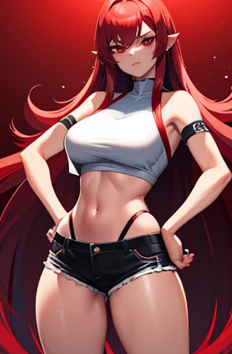 Masterpiece, best quality, 1 girl, long hair, big bust, ((Red Hair)), ((long hair)),White crop top,Tight Shorts,Sexy,Sensual,Red eyes,Serious, emotionless, adult woman, seductive, hands on hips