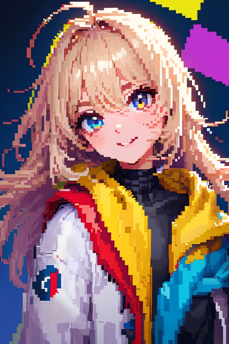 ((In the style of pixel art)), pixel, 4 bit pixel art, 1girl, primer plano, solo cara, Cabello beige, cabello rubio, ojos verdes, sonrisa, gargantilla, Sudadera con capucha suelta, Estampado de sudadera con capucha, Sudadera con capucha negra, Ahoge de pelo grande, Cabello grande, cabello ondulado, Pelo muy largo, Arte oficial de Pixel, absurdo nada, Mirando al espectador, Enfoque en solitario, Dynamic Angle, head bowing, Fondo simple, fondo gris, Ultra detailed pixel art