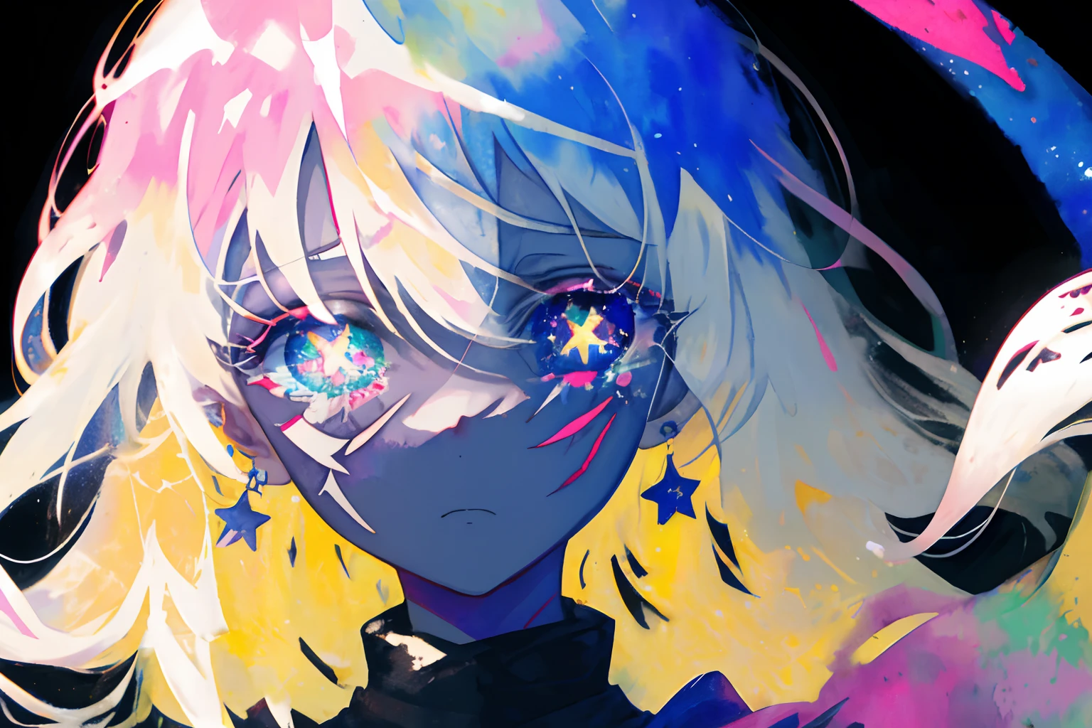 close-up, watercolor, vibrant, pastel, bright glowing pupils, big eyes, eyes, ((starry pupils)),  marks on face, face tattoos, sad face, tears, scars, contrast, high contrast, dark streaks,
