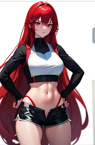 Masterpiece, best quality, 1 girl, long hair, big bust, ((Red Hair)), ((long hair)),((White crop top)),Tight Shorts,Sexy,Sensual,Red eyes,Serious, emotionless, adult woman, seductive, hands on hips
