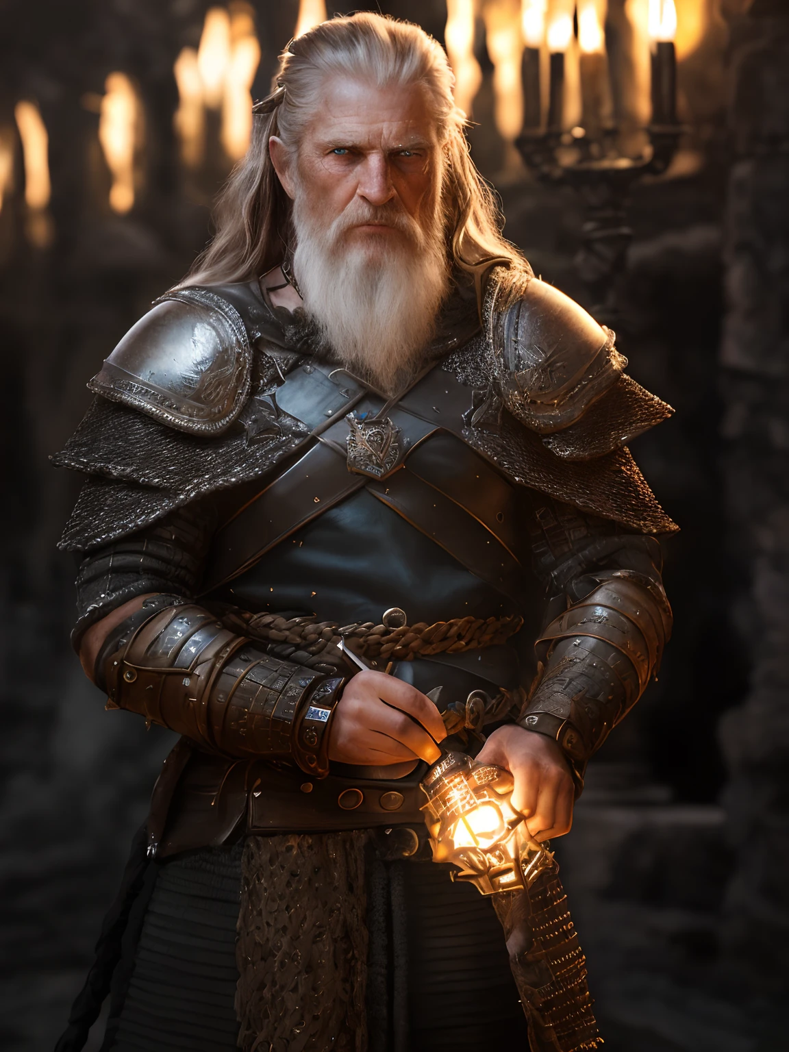 (Highest quality:1.3), cinematic shot, masterpiece, (sharp focus:1.5), (photorealistic:1.3),  medium portrait of (a weary-looking but still proud and fierce-looking old Viking warrior, now the leader of his village, dressed in elaborately detailed chain mail and leather armour, a few torches burn on the walls, giving the scene a dark atmosphere but sculpting the forms in sharp chiaroscuro), it is night time, (highly detailed skin),  (detailed face), detailed background, dark lighting, twilight lighting, volumetric lighting,  intricate details, UHD,