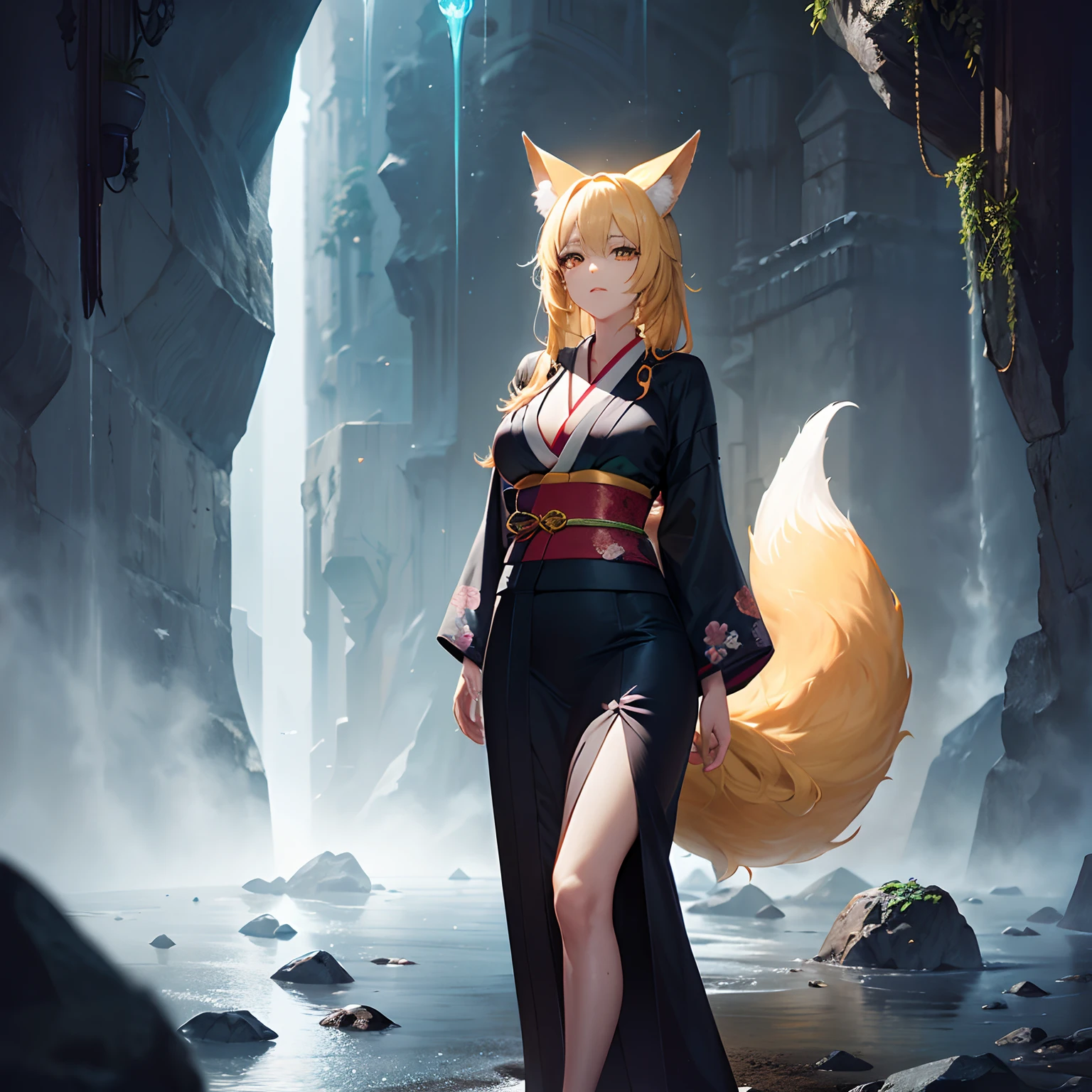 (Ultra-detailed, 8K,mysterious lighting), Golden Fox、Lots of Tails、Golden Eyes、length hair、Golden hair、a large amount of hair、Braided hair,1人の女性,a matural female,large full breasts,Traditional kimono、Black kimono,a lot of big fox tails、(Golden Eyes、Fox ears、length hair、Golden hair),Beautiful face、(Standing and walking in the distance,Detailed face),relaxed expression,a large amount of hair、Thick kimono、Black kimono、Plum floral pattern、Overlapping kimonos、Illustration,Dark caves, magical light, Inside the cave, shining crystals, Wet walls, creepy atmosphera, hidden treasures, Ancient artifacts, Flickering shadows, Mystical aura, surreal landscape, ethereal glow, enchanting atmosphere, Sun Passage, Complex rock formations, otherworldly glow, Unknown depths, Mystical energy
