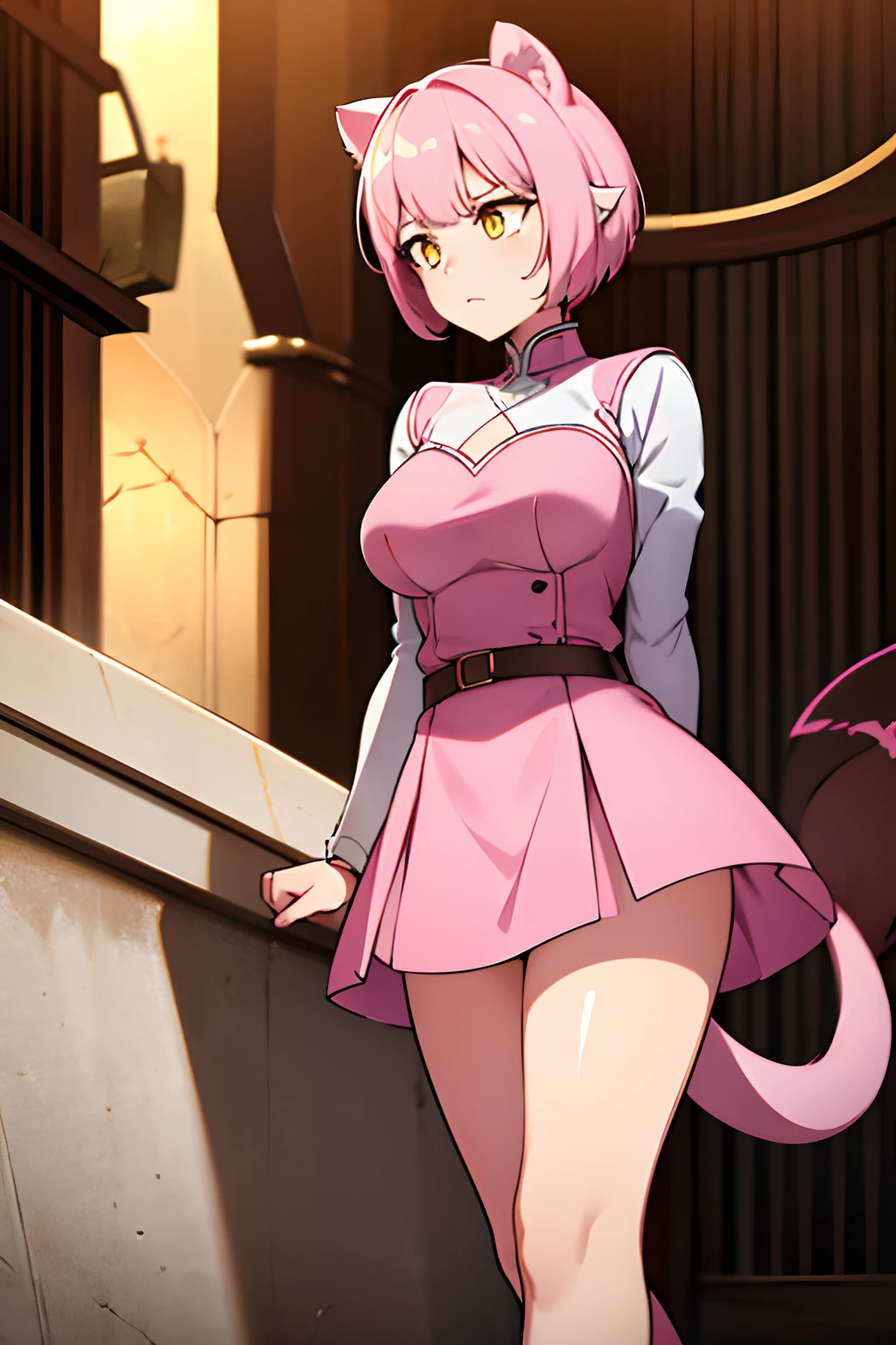 1 girl, demihuman, weasel ears, weasel tail short hair, yellow eyes, pink dress, short skirt, big breast, medieval armor.