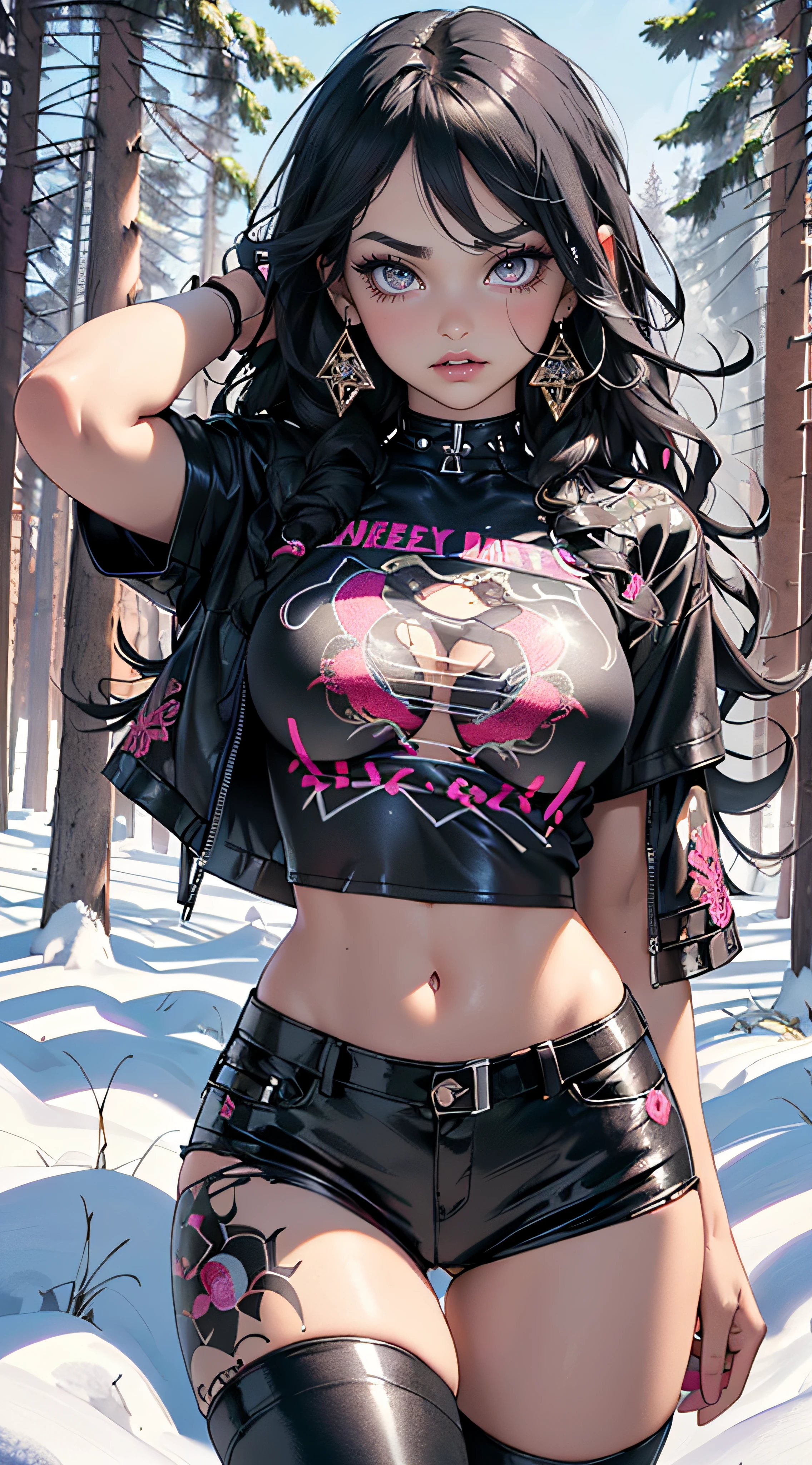 goth girl,1girl,((extremely cute and beautiful black haired anime goth girl)),(((16 years old))),(large breasts:1.2),((((black wavy hair:1.35,absurdly long unkempt hair,messy hair,colored inner hair,ear breathing)))),((heterochromia:1.5, (purple_eye and red_eye))),intricate eyes,beautiful detailed eyes,symmetrical eyes,Big eyes:1.5,((fat)),(((lustrous skin:1.5,bright skin: 1.5,skin tanned,shiny skin,very shiny skin,shiny body,plastic glitter skin,exaggerated shiny skin,illuminated skin))),(spider lower abdomen,narrow waist,wide hip,athletic body,inflated legs,detailed body,(detailed face)),

cute,slutty,seductive,erotic,(nsfw),

revealing clothing,show skin,((((printed T-shirt:1.3),black leather crop jacket:1.3))),((black leather pants,)),((underpants strap)),((underboob:1.2)),(((Black Eyeshadow,Thick Black Eyeliner,Long Dramatic Eyelashes,Black Lips,Goth Accessories,intricate makeup))),(((intricate outfit,intricate clothes,embroidered outfit,ornate outfit,embroidered clothes,ornate clothes))),

(dynamic pose:1.0),embarrassed,(centered,scale to fit dimensions,Rule of thirds),

((snowy pine forest at night)), with dark stormy clouds,winter,scenery:1.25,((snow forest background)),Christmas tree,

highres,sharp focus,(ultra detailed,extremely detailed),(photorealistic artwork:1.37),(extremely detailed CG unity 8k wallpaper),(((vibrant colors,vibrant theme))),(intricate),(masterpiece),(best quality),