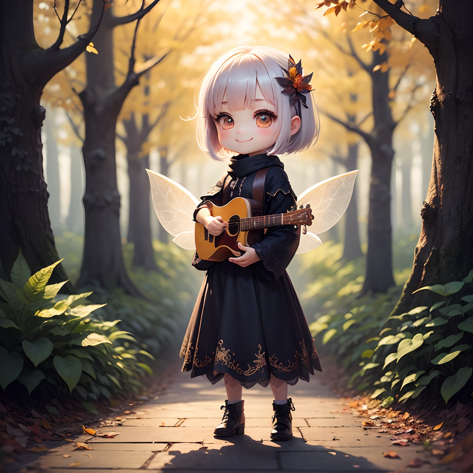 masterpiece、top-quality、ultra-detailliert、(Chibi Chara Fairy:1.2)、White Bob、Lace knitted feathers、tambourine、Fairytale Autumn Forest、Forest Concert、Standing、a smile、enjoy