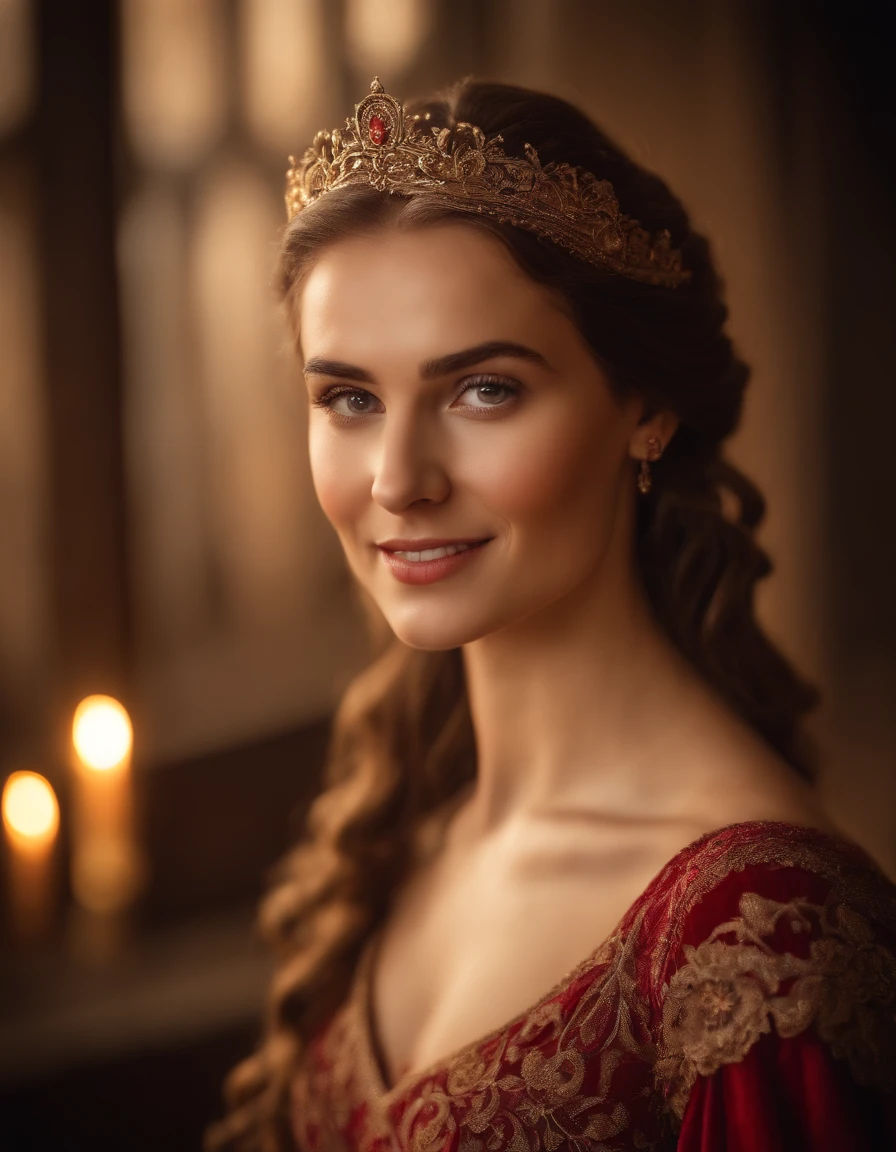 Cinematic portrait, ((medium body)), facing the audience, (Reality :1.3), the world's most beautiful artwork photo, a 20 years young woman like Brook Shields smiling looking into the camera, European medieval court red and lace dress, gorgeous, soft gauze, detailed beautiful face, light brown haired girl, with red rose hairpin on the side , action shooting, (intricate :1.4), medieval court background, Photo realistic, CG, art station
