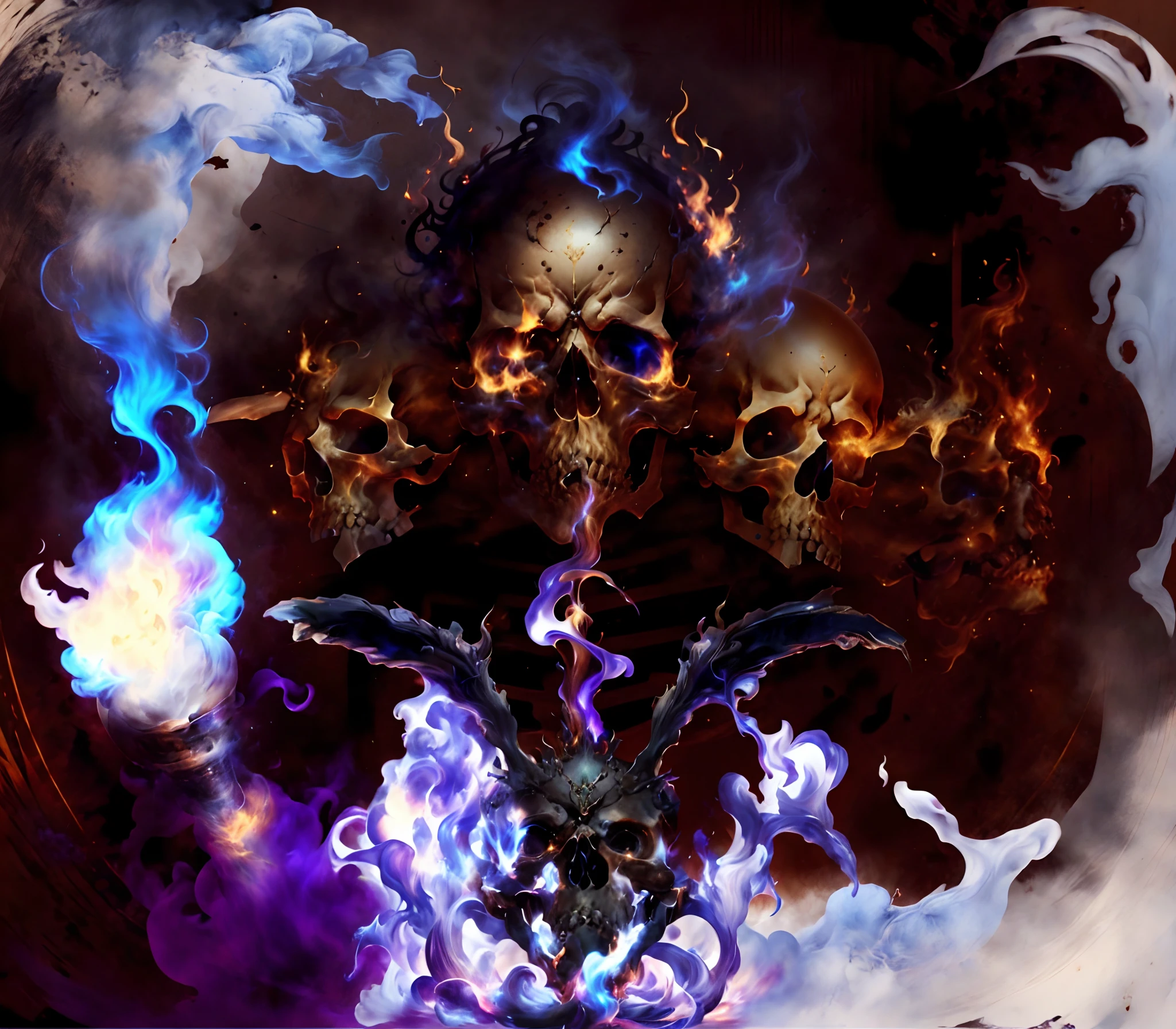 Solo, Looking at Viewer, Simple background, tusk, No humans, blazing, Black background, 1other, skull