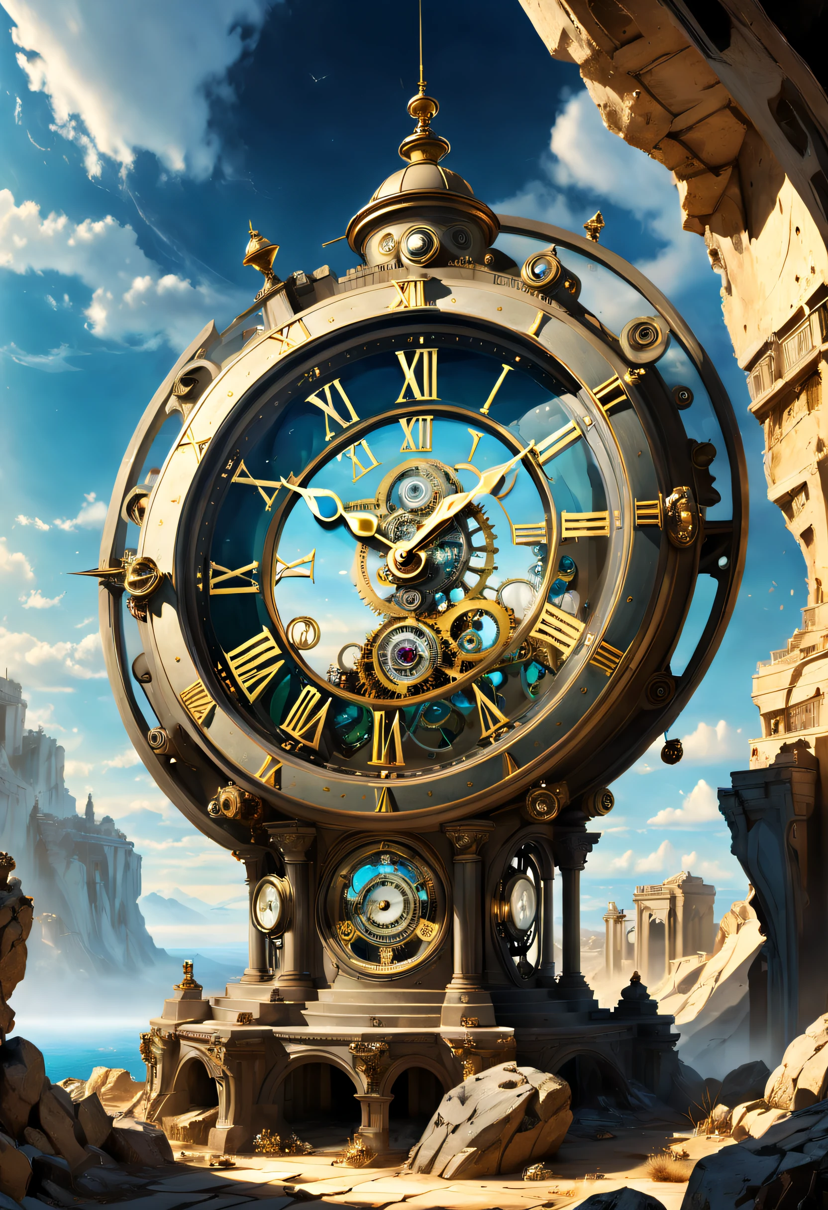 Sitting in the midst of a huge rock ruin, the clear clock features Dali style, ultra high definition, detail embellishments, perfect light and shadow, cinematic texture, gears, magic circles, Roman numerals, and a sky background at the back,