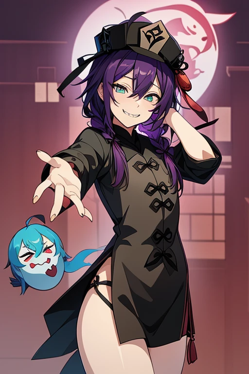 long hair, mole under mouth, purple hair, single braid, hair between eyes, aqua eyes, sharp teeth, ahoge, smile, cowboy shot, 1girl, solo, hu_tao_(cosplay), black dress, jiangshi, thighs, cute ghosts, unique-shaped pupils, ((best quality)), ((masterpiece)), ((anime_style)), (detailed))