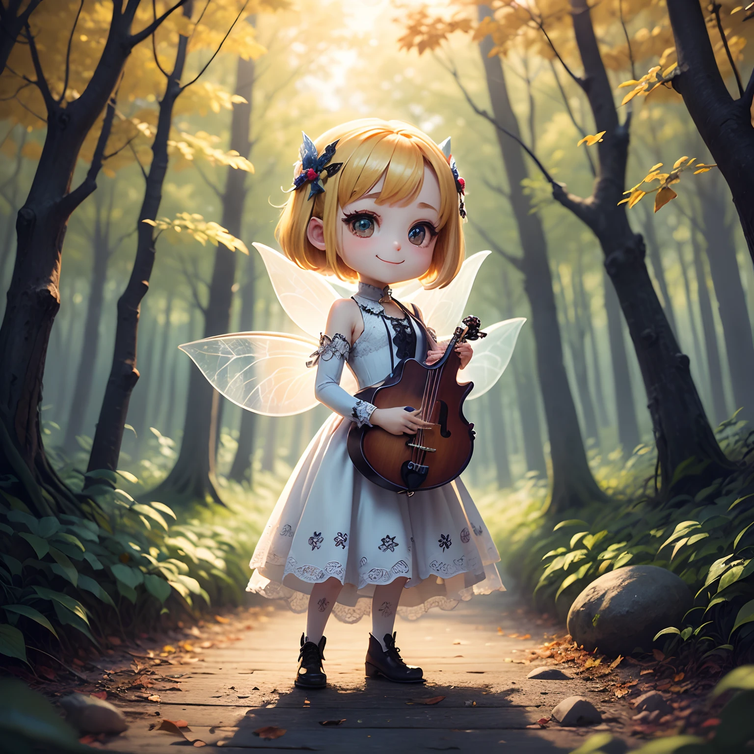 ​masterpiece、top-quality、ultra-detailliert、(Chibi Chara Fairy:1.2)、White Bob、Lace Knitted Feathers、Lace dress、tambourine、Fairytale autumn forest、Forest Concert、Standing、A smile、Enjoy