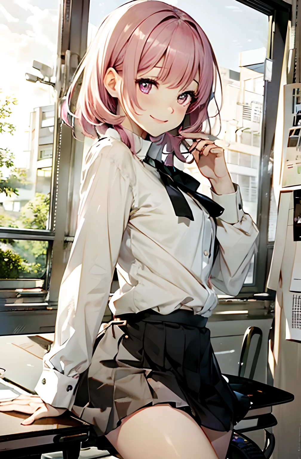 A smile、frontage、only face、Big eyes、Pink eyes, Pink hair, Twin-tailed、, Face profile, , Wallpaper,top-quality, Photorealistic, An ultra-fine illustrations, beautiful attractive anime girl, A dark-haired、Blunt bangs、Slender body,  one girls, a photo of girl, Full body shot, Beautiful pink eyes, in a school、Sitting at your desk、Sarah Clothes、a black pleated skirt