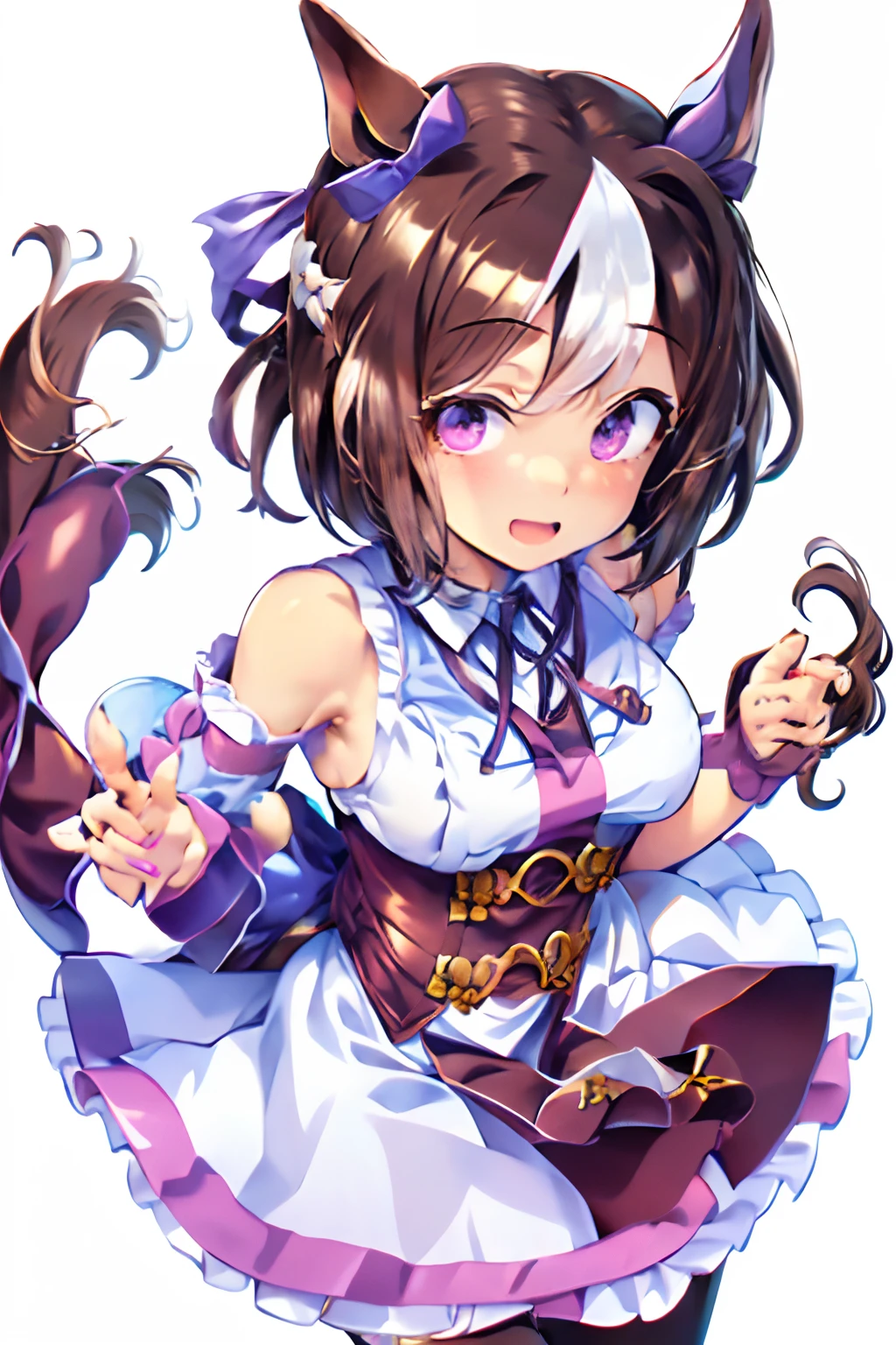 special_week_\(Umamusume)、bow ribbon、bow ribbon、bow ribbon、corsets、Fluffy breasts、nursing、toppless、teats、The upper part of the body、(Refers to the viewer:1.3)、Happiness、(White background:1.5)、(front-facing view:1.3)