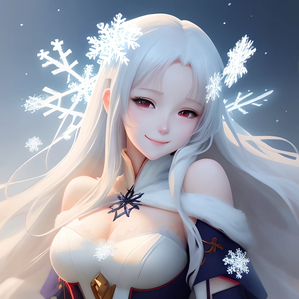 Anime girl wearing snowflakes and snowflakes and white dre, beautiful anime artwork, beautiful anime art, Beautiful anime girl, beautiful anime woman, Beautiful Anime Portrait, beautiful fantasy anime, guweiz on pixiv artstation, Anime girl with long hair completely pure white, Very white skin、anime fantasy illustration, Beautiful anime, high definition anime art, full bodyesbian Smiling