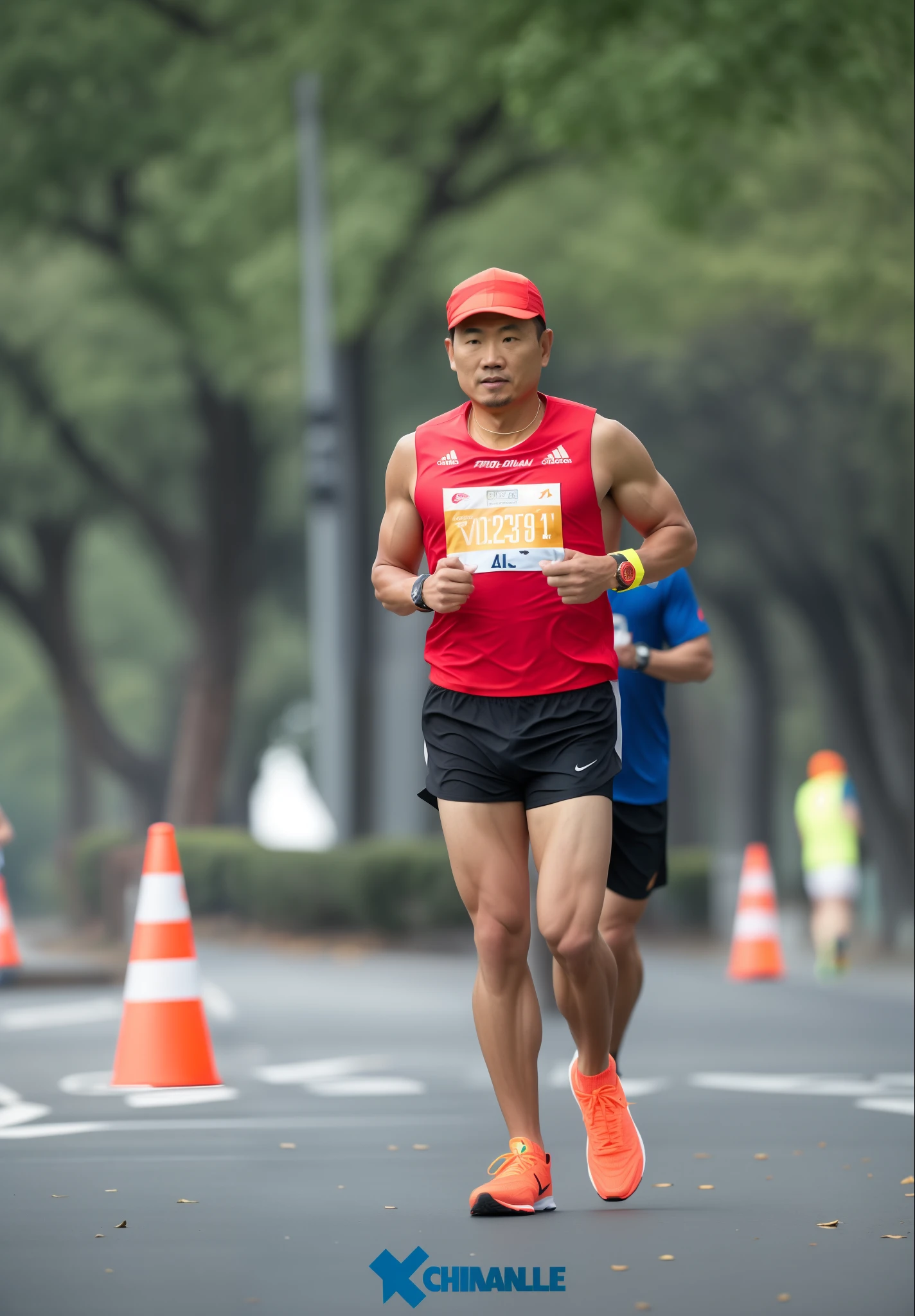 there is a man running in a marathon wearing a red shirt, portrait c 1 2. 0, portrait c 12.0, 8k 50mm iso 10, lim chuan shin, inspired by Willie Ito, tjalf sparnaay 8 k, 1/1250s at f/2.8, three people running a marathon